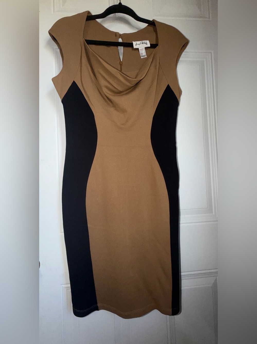 Joseph Ribkoff Tan and Black Cowl-Neck Midi Dress